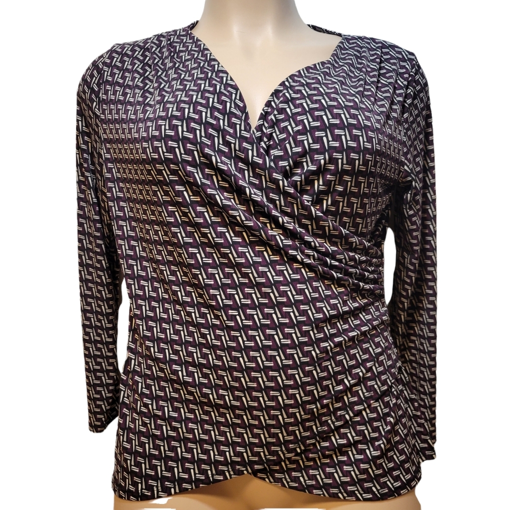 Miss Tina Knowles Wrap Top L Eggplant Purple & Black Geometric Long Sleeve FALL